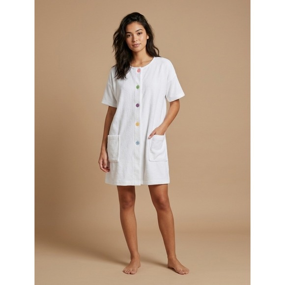 Gloria's Fashions Other - Vintage Gloria's Fashions Terry Cloth Robe Womens Small White Pastel Buttons